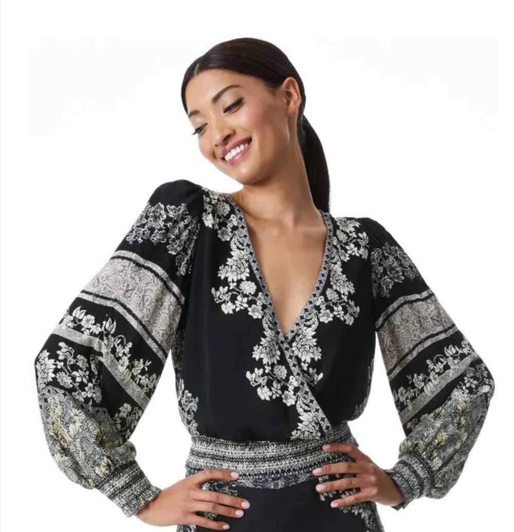 Alice + Olivia Catherine Floral Blouson Sleeve Smocked Crop Top Black Cream S